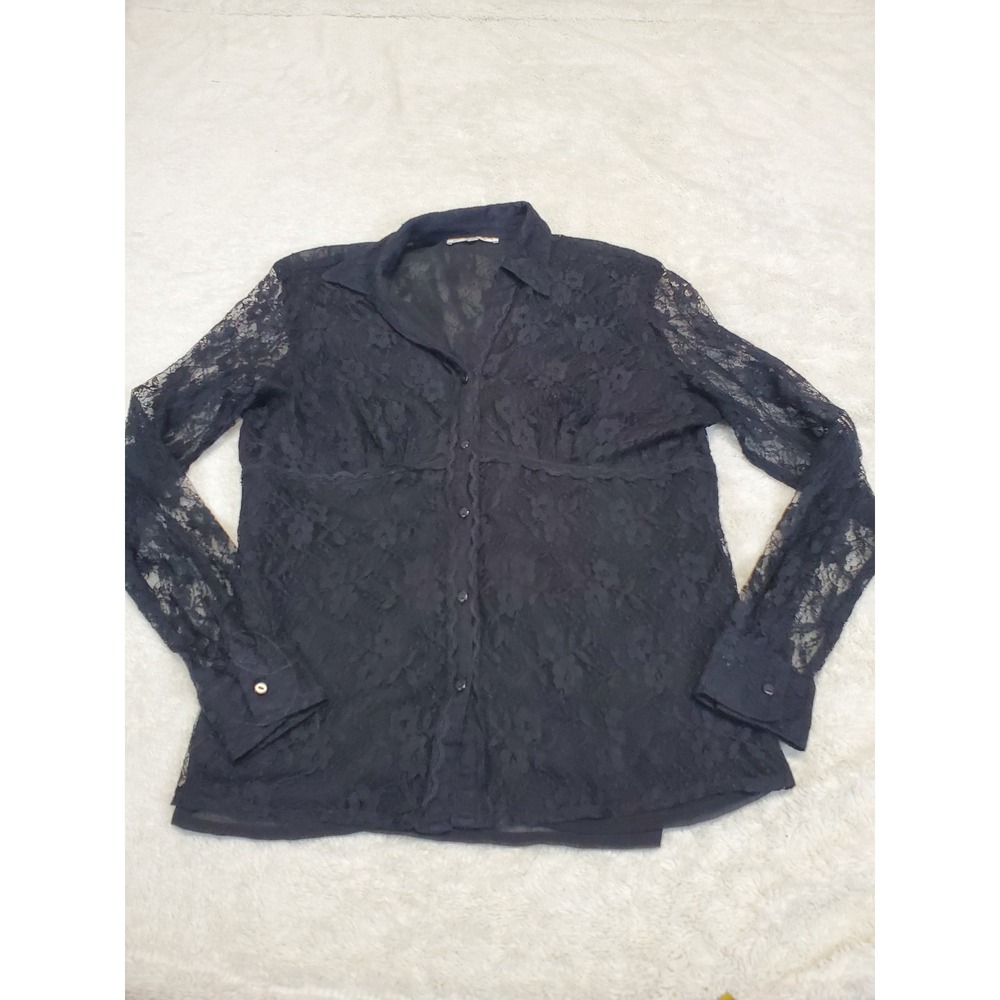 Black Sheer Floral Lace Button Blouse Large Whimsigoth Mystical Romantic Witchy